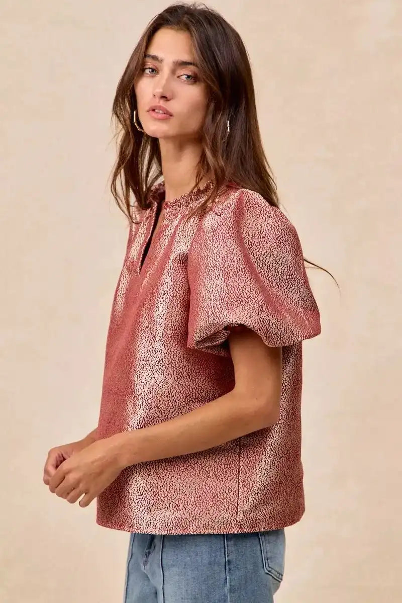 BiBi Jacquard Woven Short Balloon Sleeves V Neck Top - Sleekdenim.com