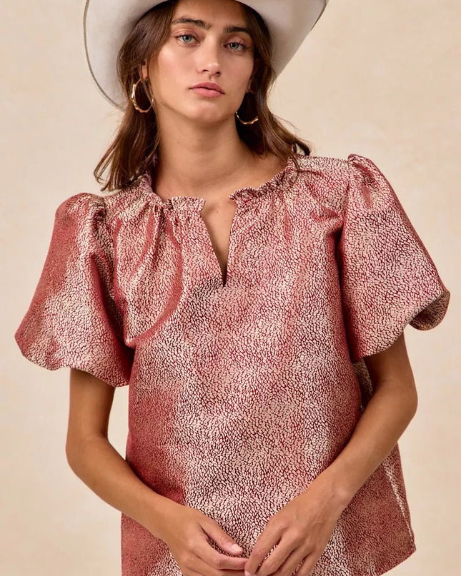 BiBi Jacquard Woven Short Balloon Sleeves V Neck Top - Sleekdenim.com