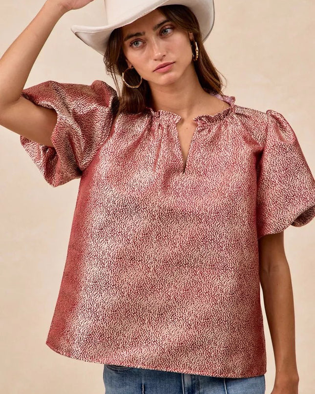 BiBi Jacquard Woven Short Balloon Sleeves V Neck Top - Sleekdenim.com