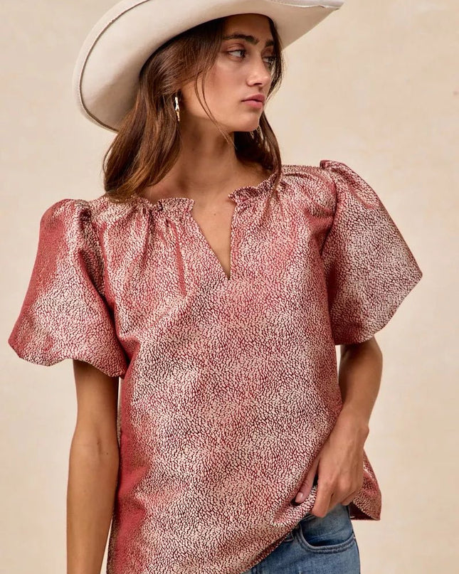 BiBi Jacquard Woven Short Balloon Sleeves V Neck Top - Sleekdenim.com