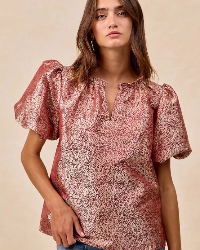 BiBi Jacquard Woven Short Balloon Sleeves V Neck Top - Sleekdenim.com