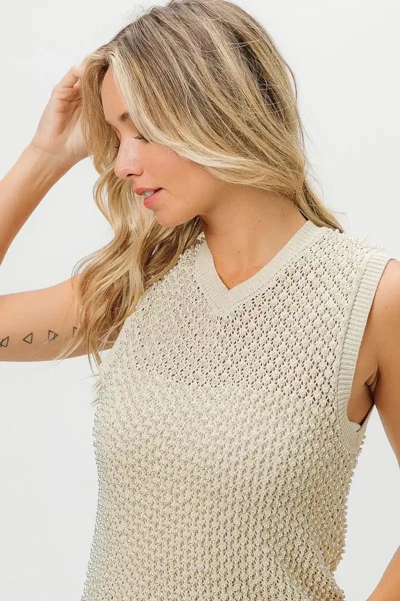 BiBi Knitted Beaded Pearl V Neck Sleveless Top - Sleekdenim.com