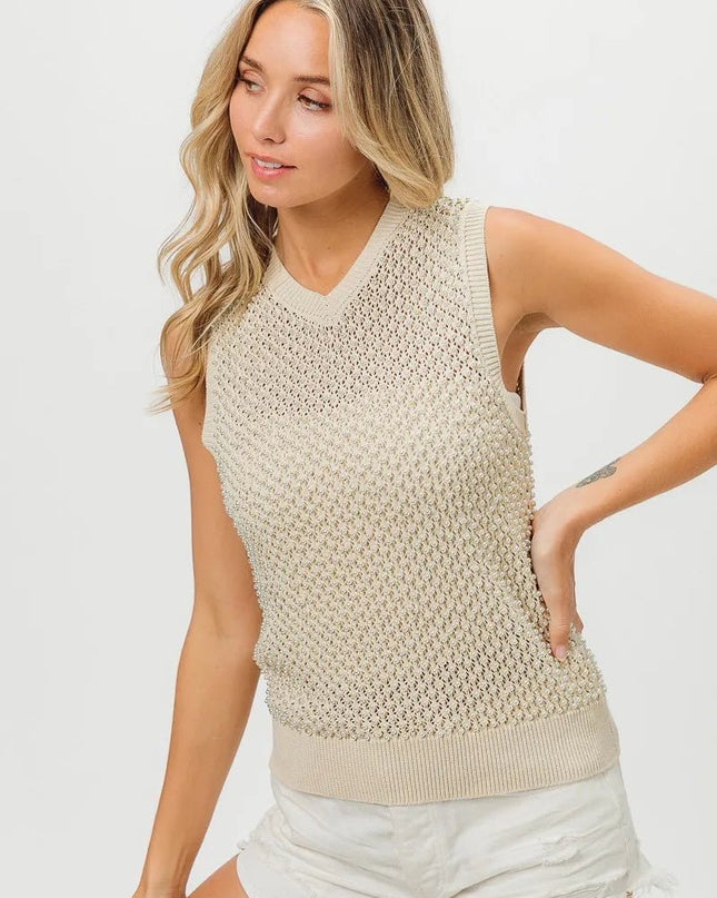 BiBi Knitted Beaded Pearl V Neck Sleveless Top - Sleekdenim.com