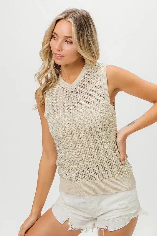 BiBi Knitted Beaded Pearl V Neck Sleveless Top - Sleekdenim.com