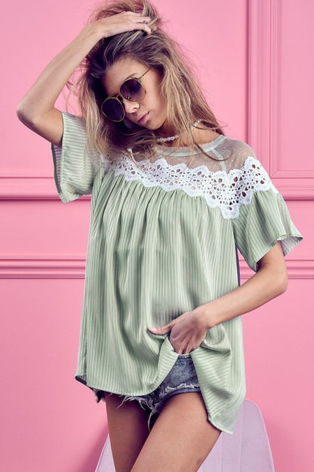 BiBi Lace Detail Short Sleeve Striped Blouse - Sleekdenim.com