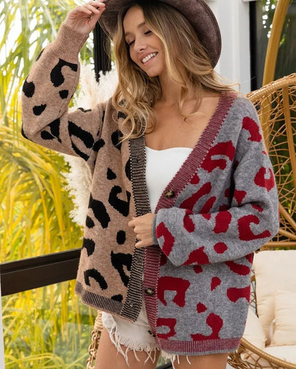 BiBi Leopard Color Block Button Down Sweater Cardigan - Sleekdenim.com