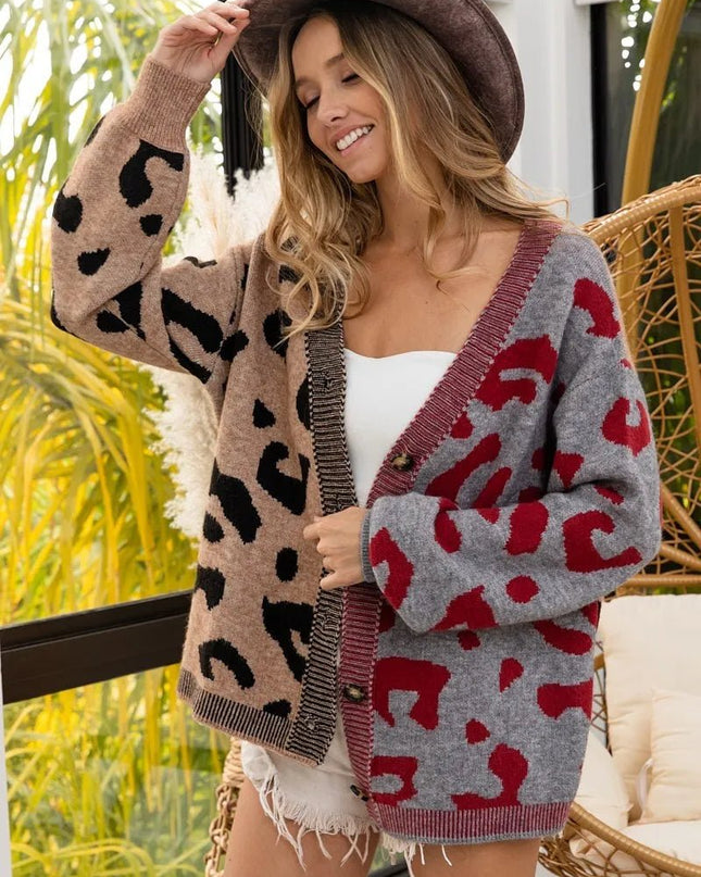 BiBi Leopard Color Block Button Down Sweater Cardigan - Sleekdenim.com