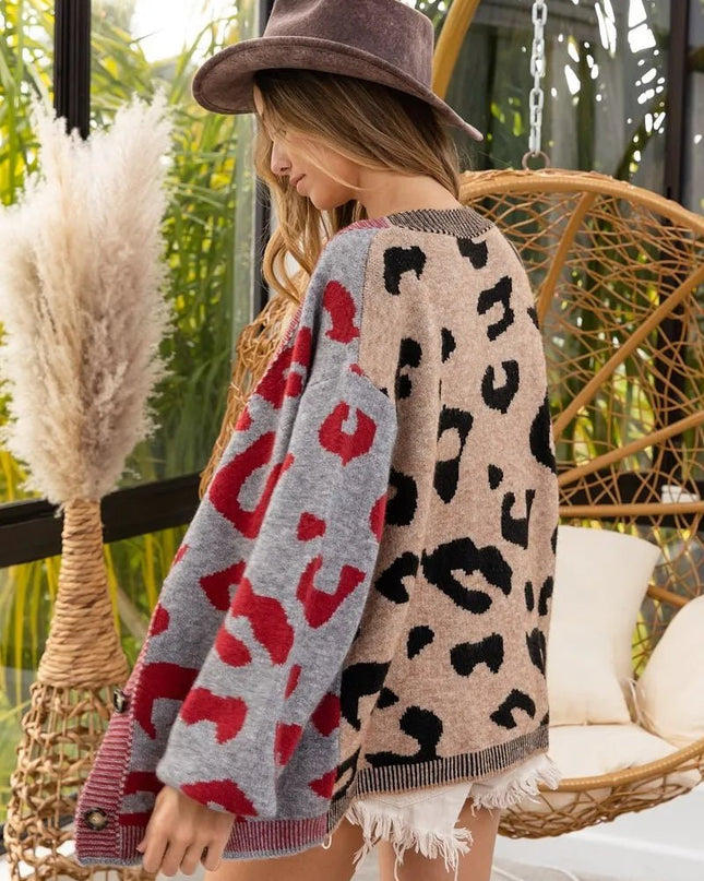 BiBi Leopard Color Block Button Down Sweater Cardigan - Sleekdenim.com