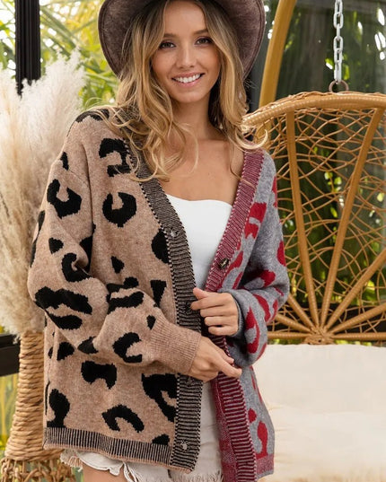 BiBi Leopard Color Block Button Down Sweater Cardigan - Sleekdenim.com