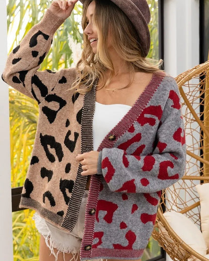 BiBi Leopard Color Block Button Down Sweater Cardigan - Sleekdenim.com