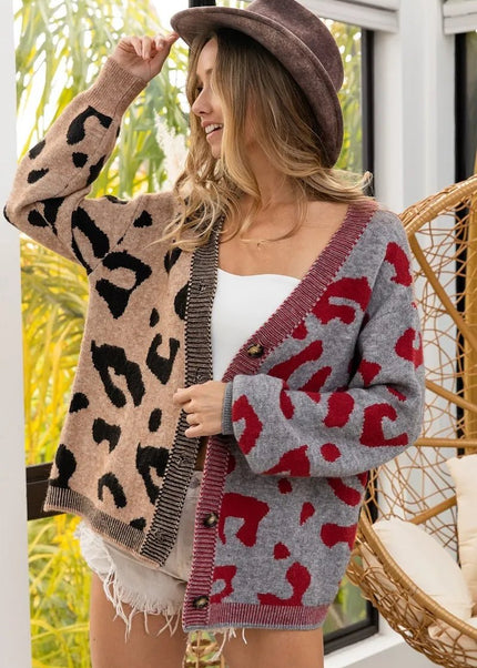 BiBi Leopard Color Block Button Down Sweater Cardigan - Sleekdenim.com