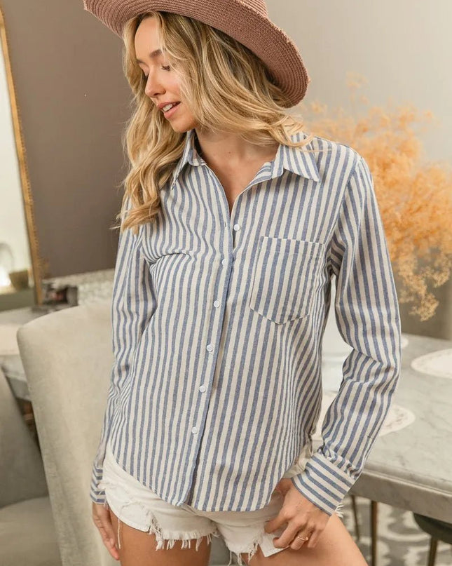 BiBi Lurex Linen Stripe Shirt Button Down Top - Sleekdenim.com