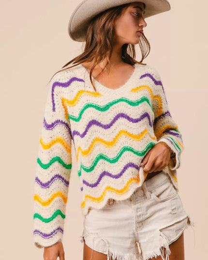 BiBi Mardi Gras Wavy Stripes V - Neck Sweater - Sleekdenim.com