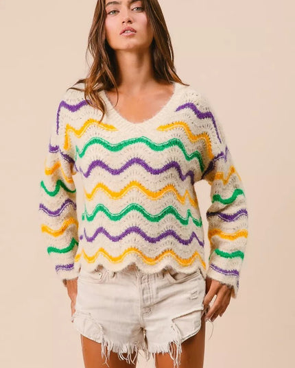 BiBi Mardi Gras Wavy Stripes V - Neck Sweater - Sleekdenim.com