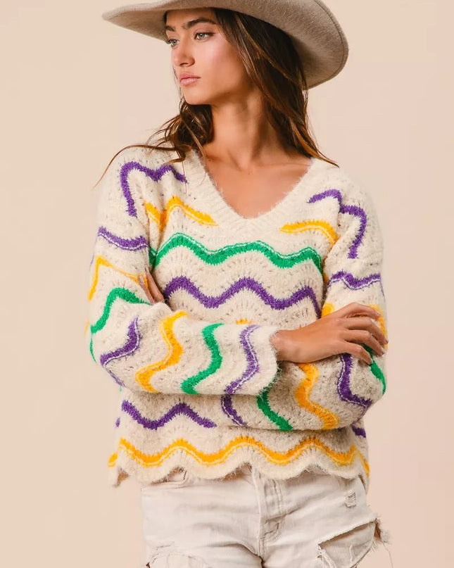 BiBi Mardi Gras Wavy Stripes V - Neck Sweater - Sleekdenim.com