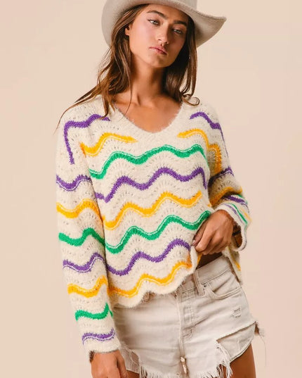 BiBi Mardi Gras Wavy Stripes V - Neck Sweater - Sleekdenim.com