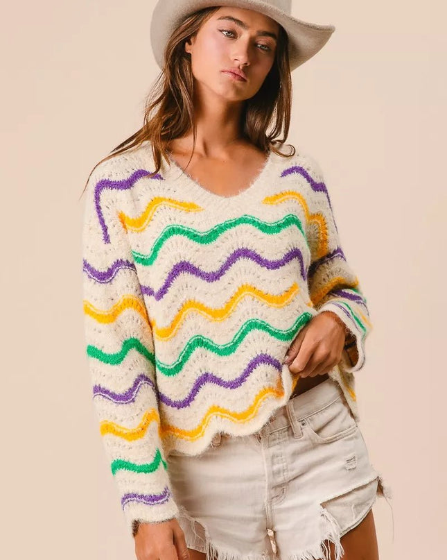 BiBi Mardi Gras Wavy Stripes V - Neck Sweater - Sleekdenim.com