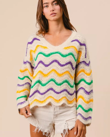 BiBi Mardi Gras Wavy Stripes V - Neck Sweater - Sleekdenim.com