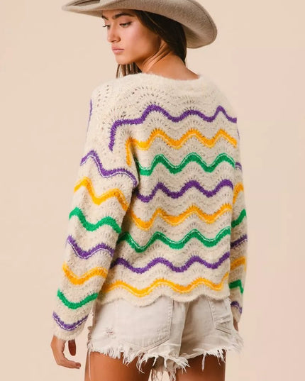 BiBi Mardi Gras Wavy Stripes V - Neck Sweater - Sleekdenim.com