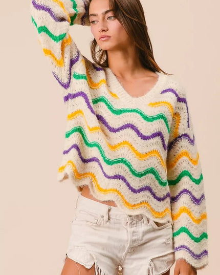 BiBi Mardi Gras Wavy Stripes V - Neck Sweater - Sleekdenim.com