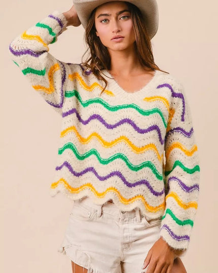 BiBi Mardi Gras Wavy Stripes V - Neck Sweater - Sleekdenim.com