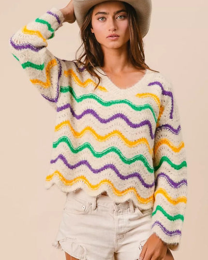 BiBi Mardi Gras Wavy Stripes V - Neck Sweater - Sleekdenim.com