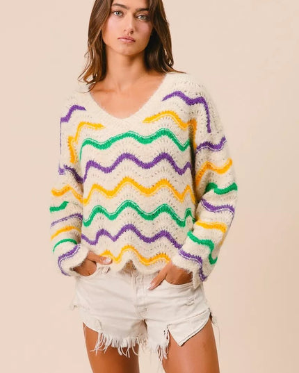 BiBi Mardi Gras Wavy Stripes V - Neck Sweater - Sleekdenim.com