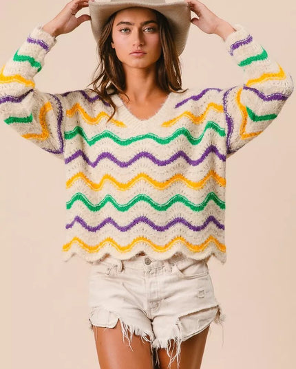 BiBi Mardi Gras Wavy Stripes V - Neck Sweater - Sleekdenim.com