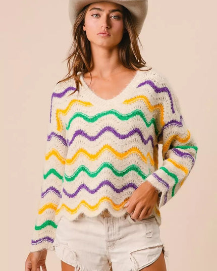 BiBi Mardi Gras Wavy Stripes V - Neck Sweater - Sleekdenim.com