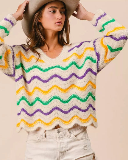 BiBi Mardi Gras Wavy Stripes V - Neck Sweater - Sleekdenim.com