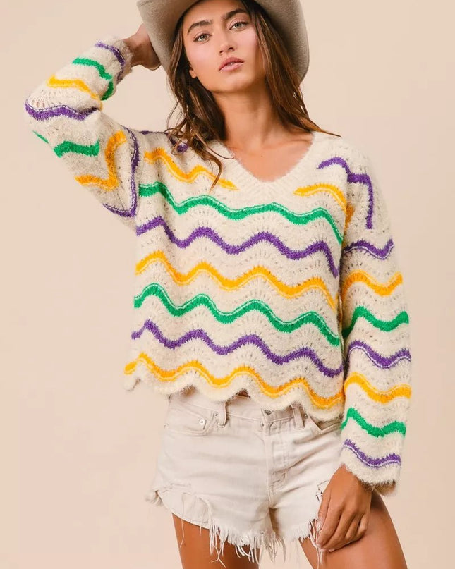 BiBi Mardi Gras Wavy Stripes V - Neck Sweater - Sleekdenim.com