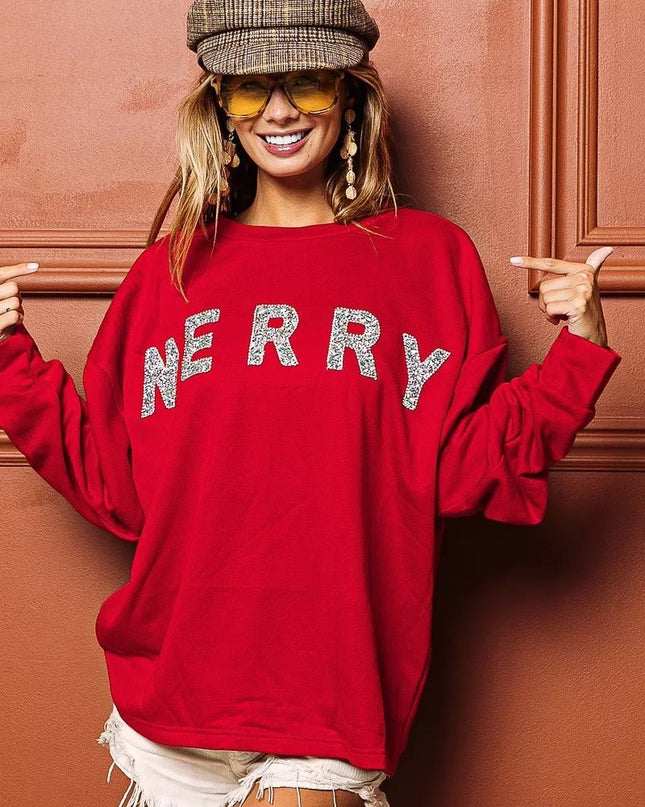 BiBi Merry Glitter Christmas Drop Shoulder Top - Sleekdenim.com