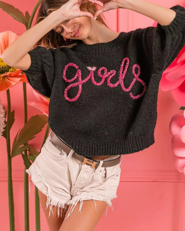 BiBi Metallic Letter Short Puff Sleeve Hairy Sweater - Sleekdenim.com