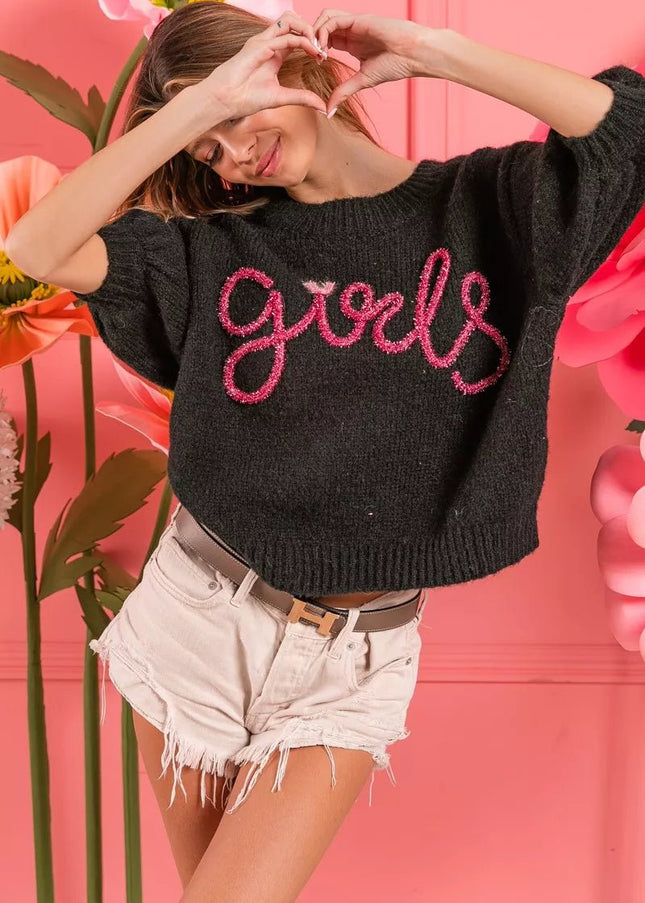 BiBi Metallic Letter Short Puff Sleeve Hairy Sweater - Sleekdenim.com