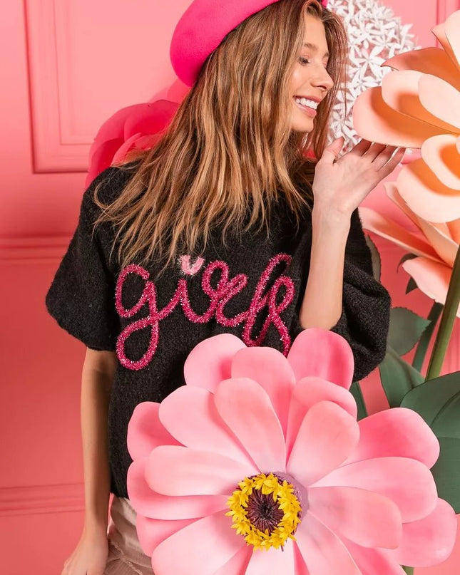 BiBi Metallic Letter Short Puff Sleeve Hairy Sweater - Sleekdenim.com