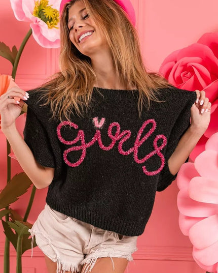 BiBi Metallic Letter Short Puff Sleeve Hairy Sweater - Sleekdenim.com