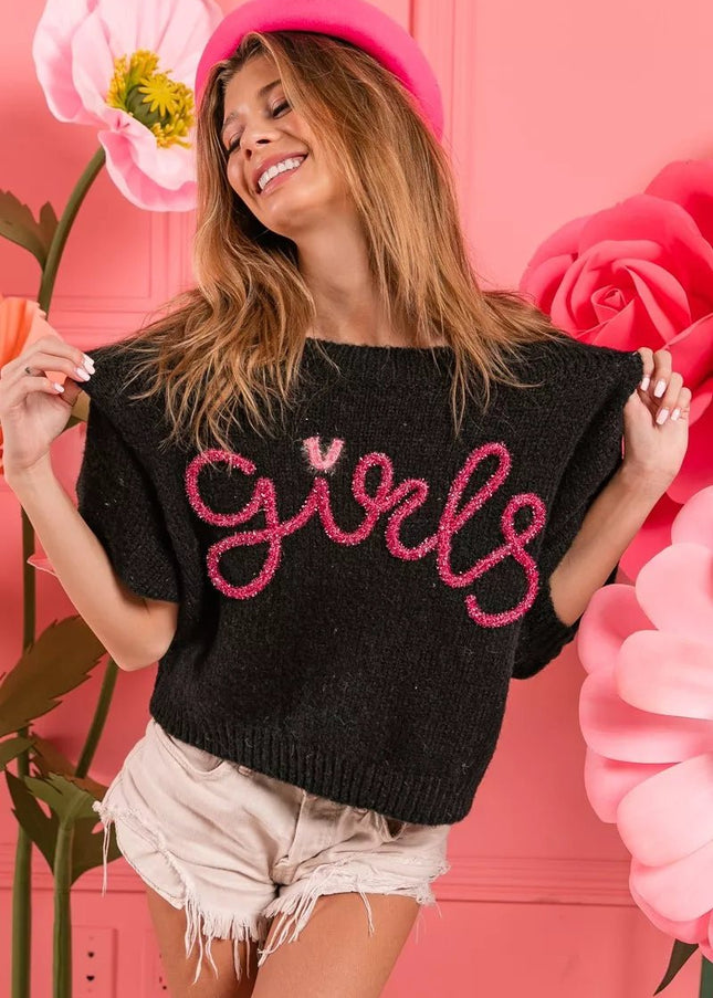 BiBi Metallic Letter Short Puff Sleeve Hairy Sweater - Sleekdenim.com