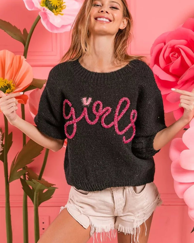 BiBi Metallic Letter Short Puff Sleeve Hairy Sweater - Sleekdenim.com