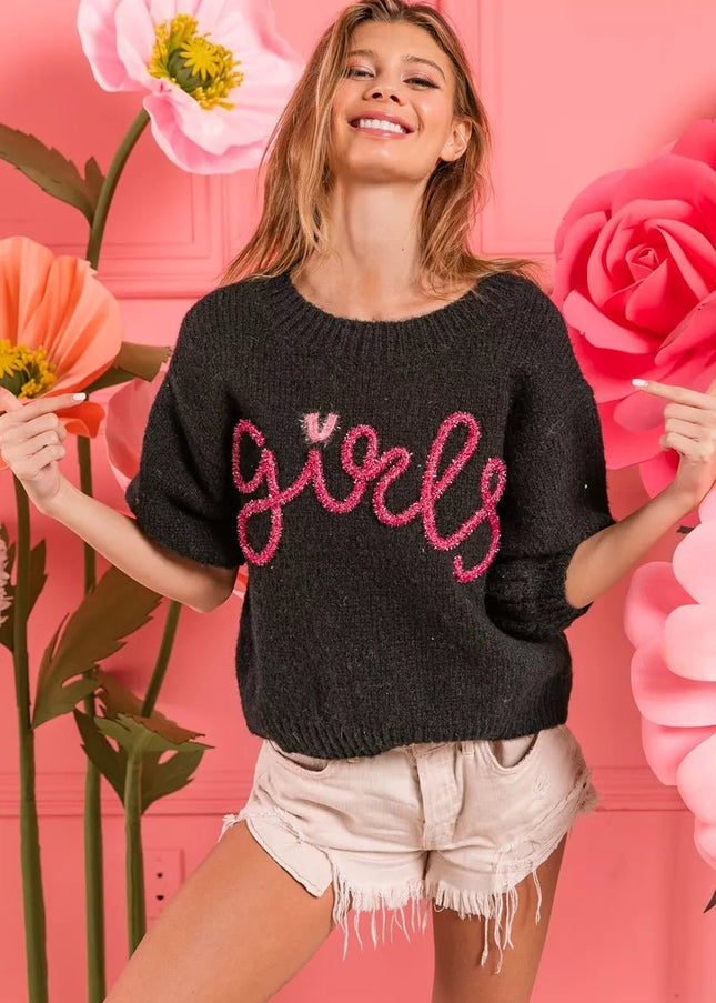 BiBi Metallic Letter Short Puff Sleeve Hairy Sweater - Sleekdenim.com