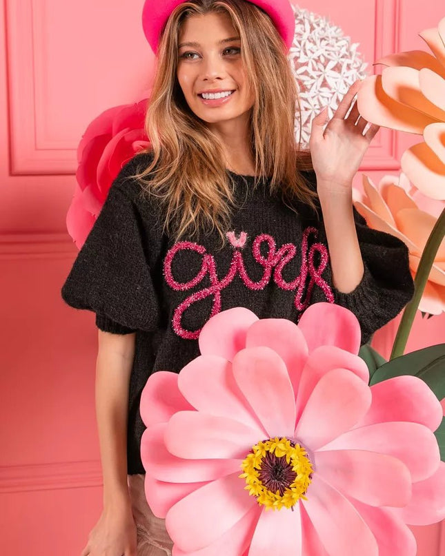 BiBi Metallic Letter Short Puff Sleeve Hairy Sweater - Sleekdenim.com