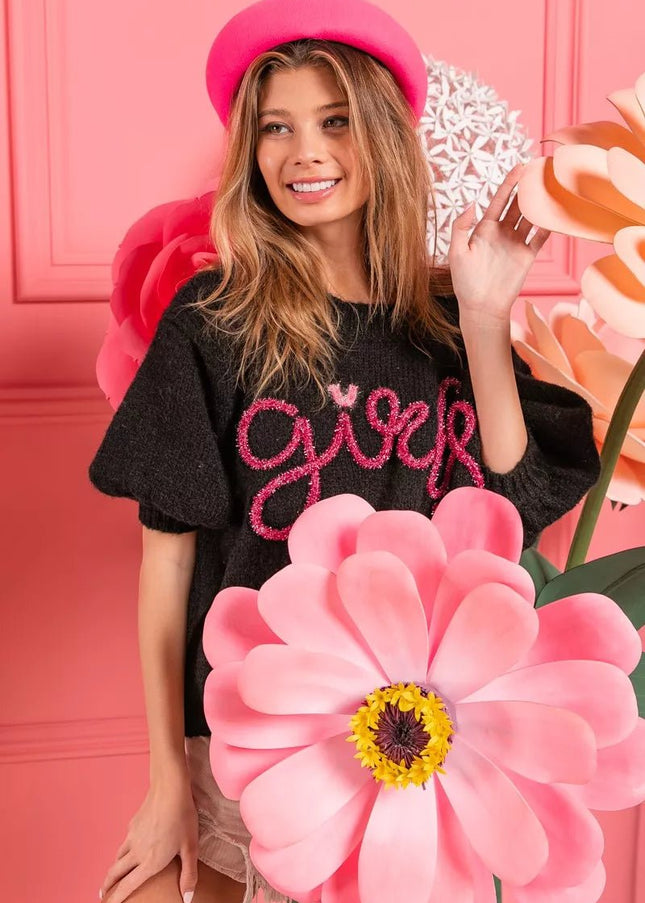 BiBi Metallic Letter Short Puff Sleeve Hairy Sweater - Sleekdenim.com