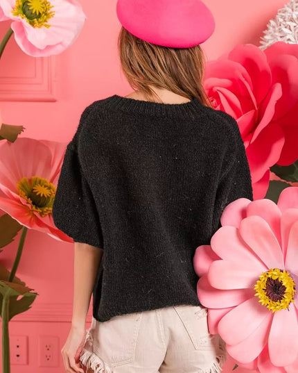 BiBi Metallic Letter Short Puff Sleeve Hairy Sweater - Sleekdenim.com