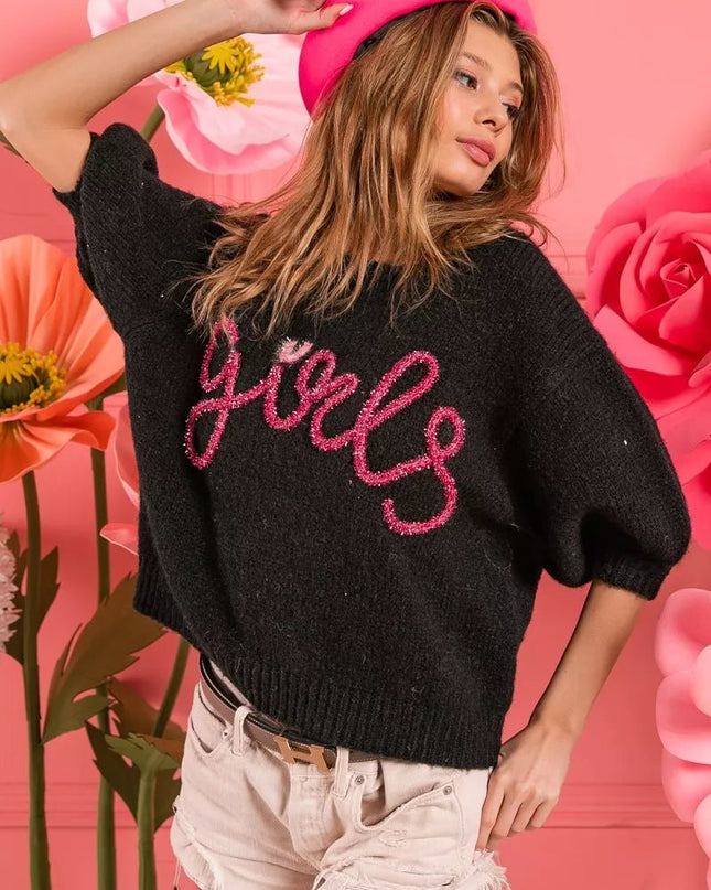 BiBi Metallic Letter Short Puff Sleeve Hairy Sweater - Sleekdenim.com