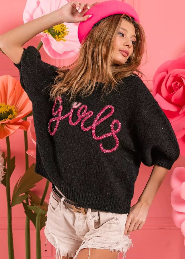 BiBi Metallic Letter Short Puff Sleeve Hairy Sweater - Sleekdenim.com