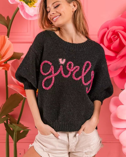 BiBi Metallic Letter Short Puff Sleeve Hairy Sweater - Sleekdenim.com