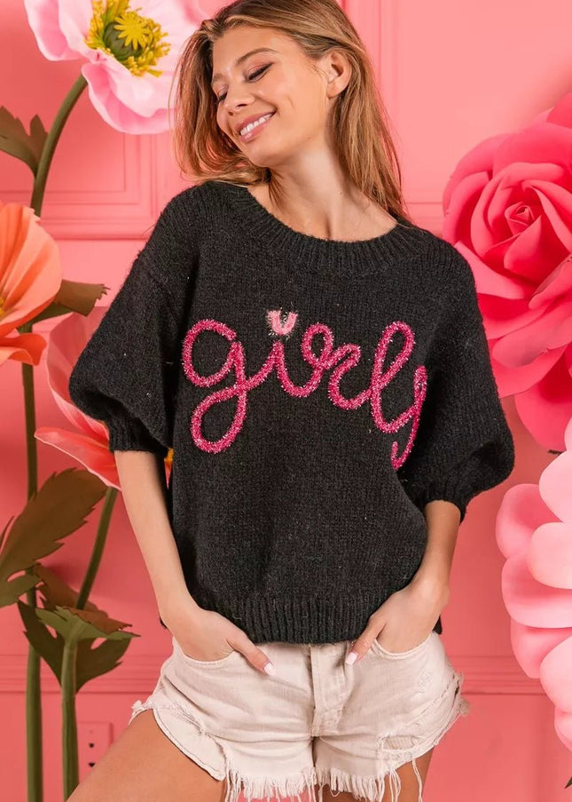 BiBi Metallic Letter Short Puff Sleeve Hairy Sweater - Sleekdenim.com