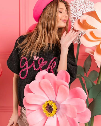 BiBi Metallic Letter Short Puff Sleeve Hairy Sweater - Sleekdenim.com