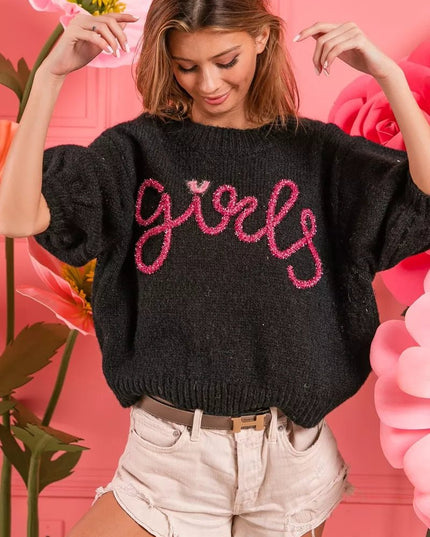 BiBi Metallic Letter Short Puff Sleeve Hairy Sweater - Sleekdenim.com