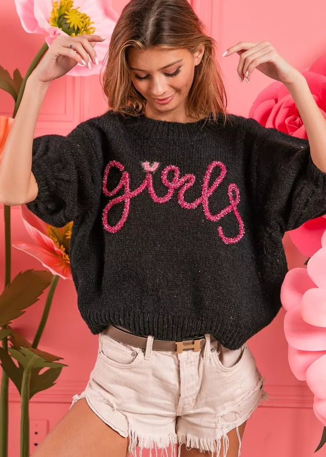 BiBi Metallic Letter Short Puff Sleeve Hairy Sweater - Sleekdenim.com