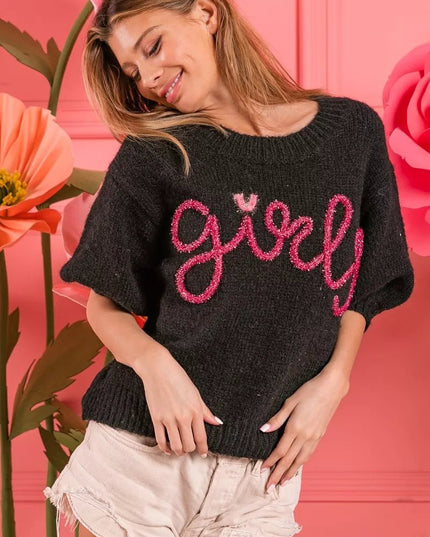 BiBi Metallic Letter Short Puff Sleeve Hairy Sweater - Sleekdenim.com